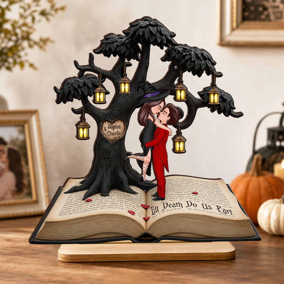 Spooky Love Story Couple - Personalized 2-Layered Wooden Plaque - Halloween Decor Gift, Gift For Couple - Image 3