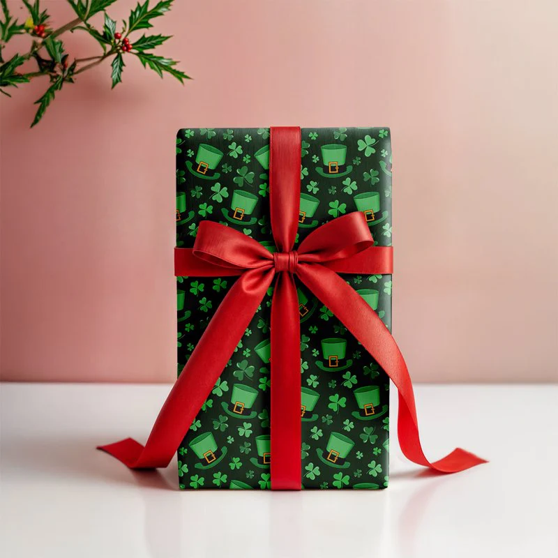 St. Patrick's Day Green Hat Clover Gift Wrapping Paper - Image 4