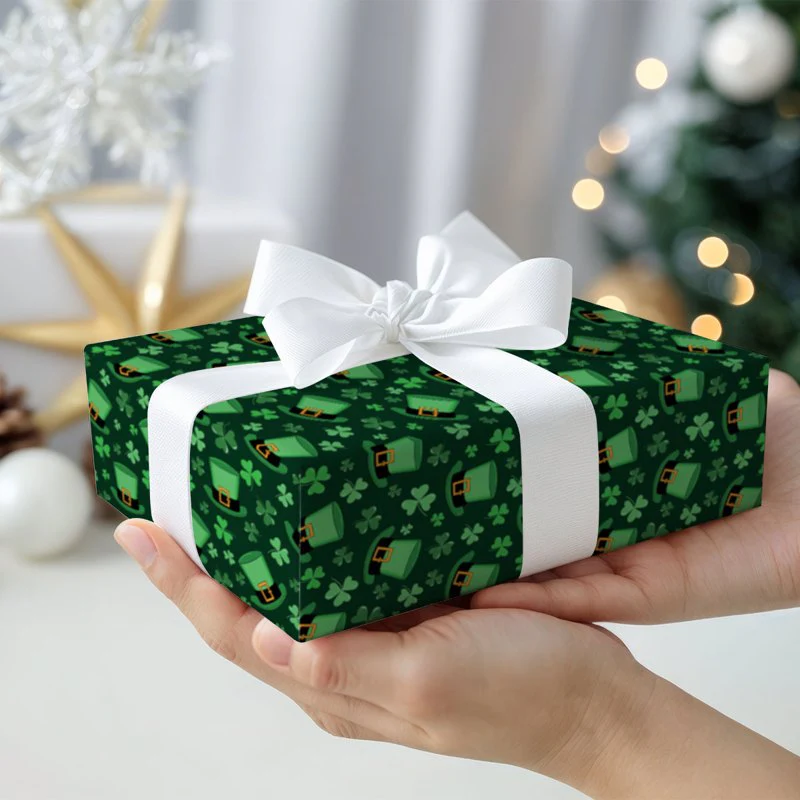 St. Patrick's Day Green Hat Clover Gift Wrapping Paper - Image 5