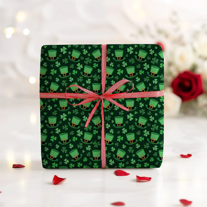 St. Patrick's Day Green Hat Clover Gift Wrapping Paper - Image 6