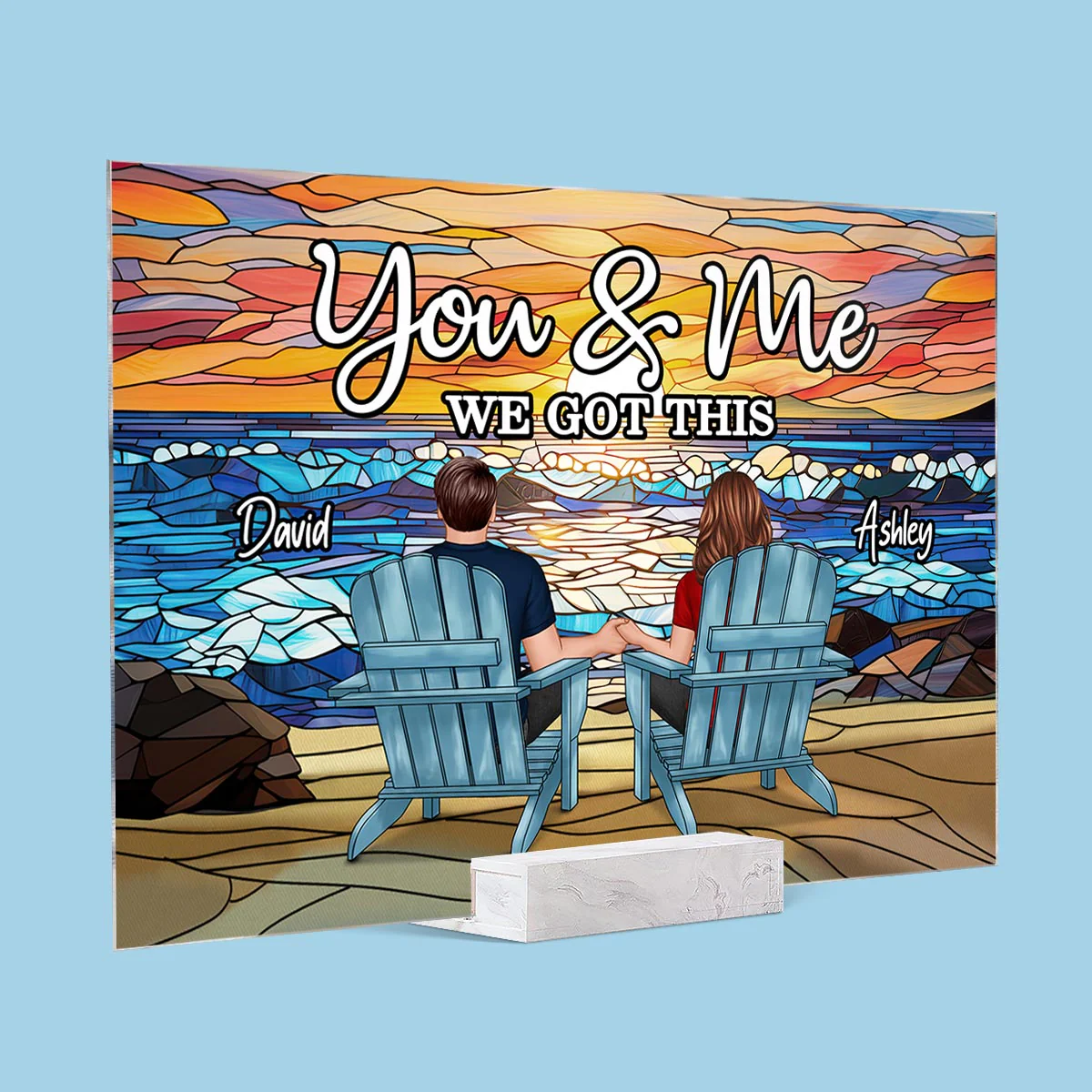 Stained Glass Back View Couple Sitting Beach Landscape Personalized Acrylic Plaque - Image 2