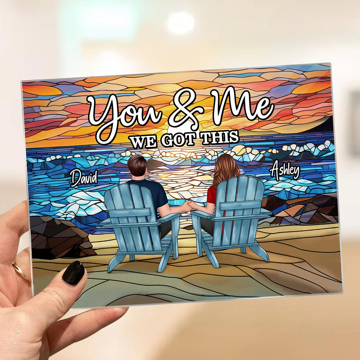 Stained Glass Back View Couple Sitting Beach Landscape Personalized Acrylic Plaque - Image 3
