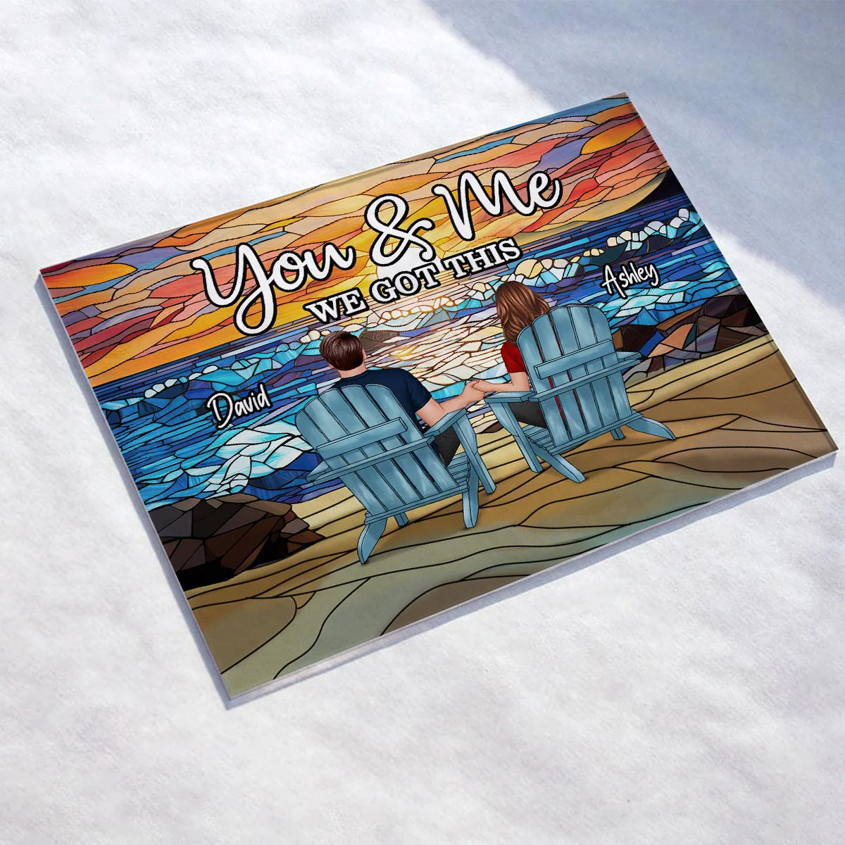 Stained Glass Back View Couple Sitting Beach Landscape Personalized Acrylic Plaque - Image 4