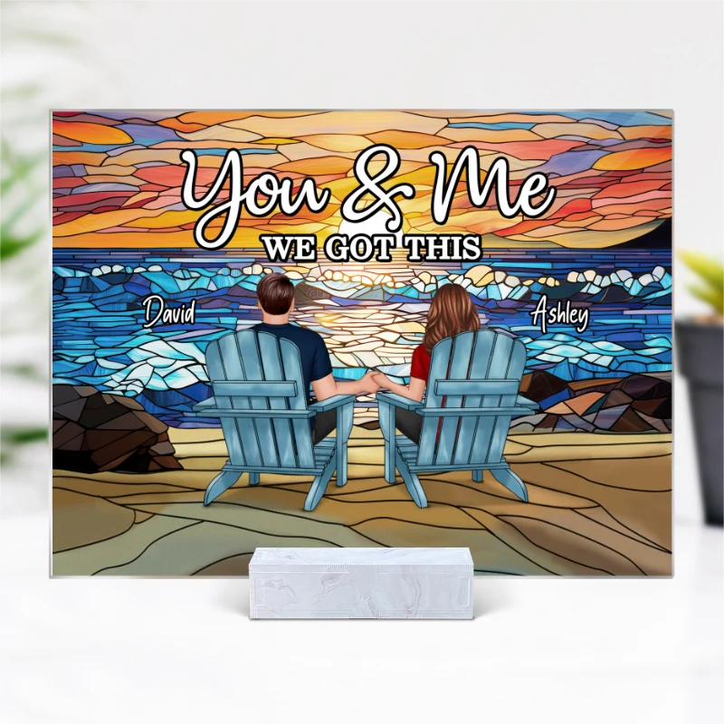 Stained Glass Back View Couple Sitting Beach Landscape Personalized Acrylic Plaque - Image 5