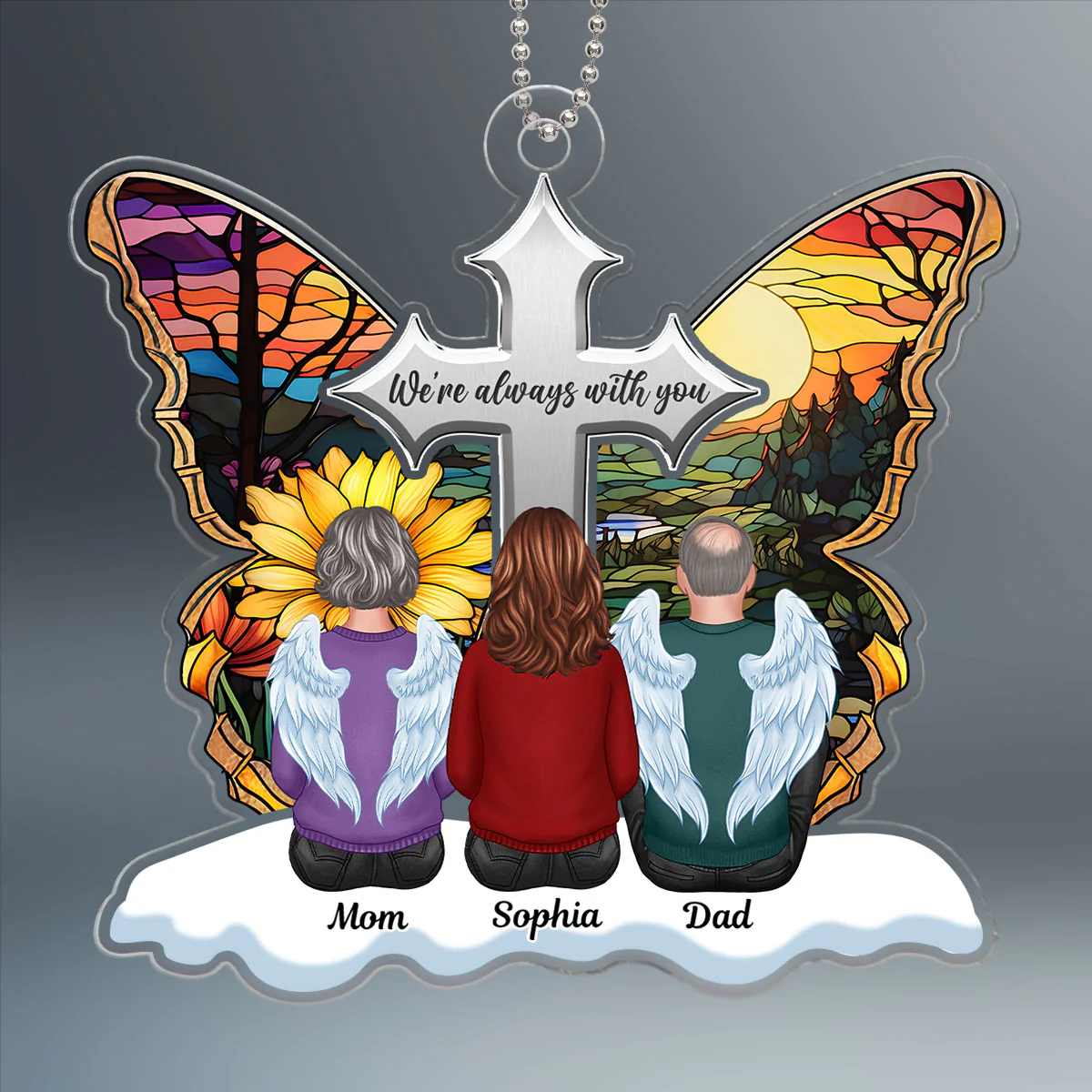 Stained Glass Cross Butterfly Family Sitting Memorial Keepsake Personalized Acrylic Ornament - Image 2