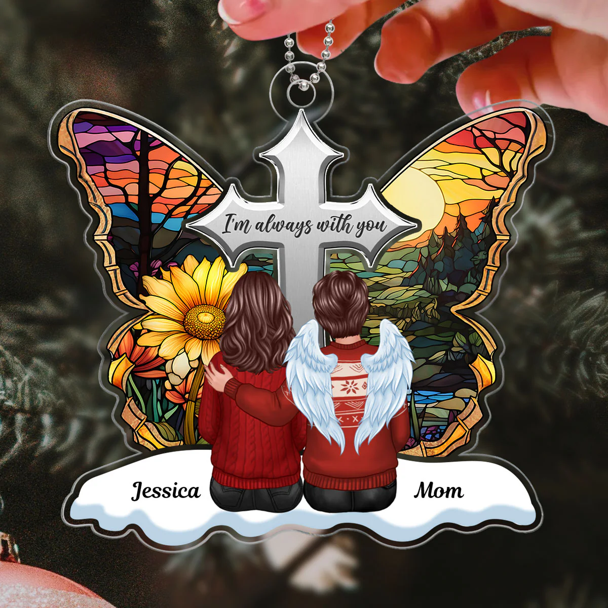Stained Glass Cross Butterfly Family Sitting Memorial Keepsake Personalized Acrylic Ornament - Image 3