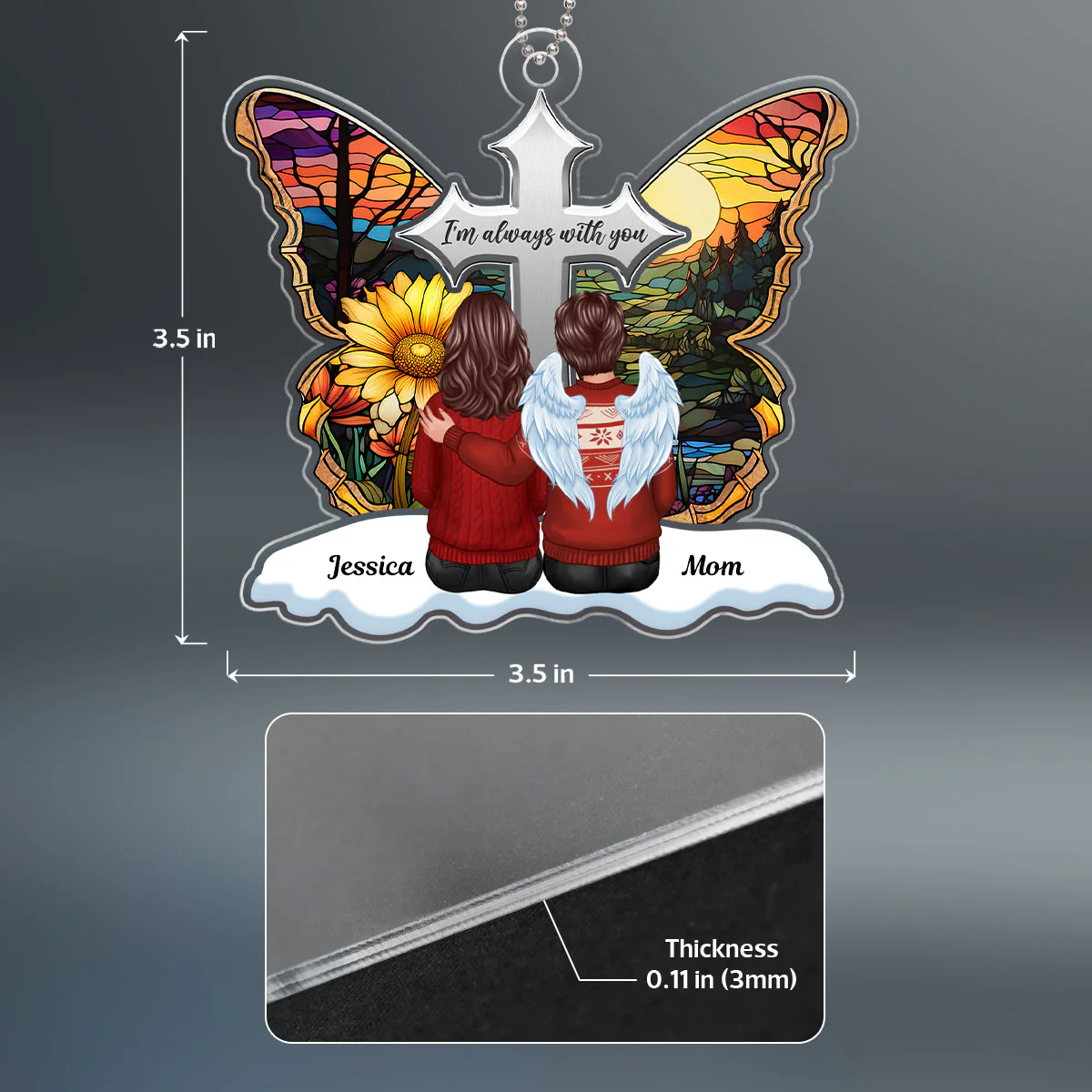Stained Glass Cross Butterfly Family Sitting Memorial Keepsake Personalized Acrylic Ornament - Image 4