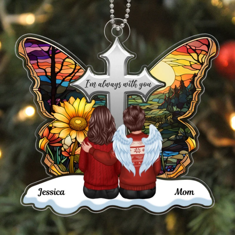 Stained Glass Cross Butterfly Family Sitting Memorial Keepsake Personalized Acrylic Ornament - Image 5
