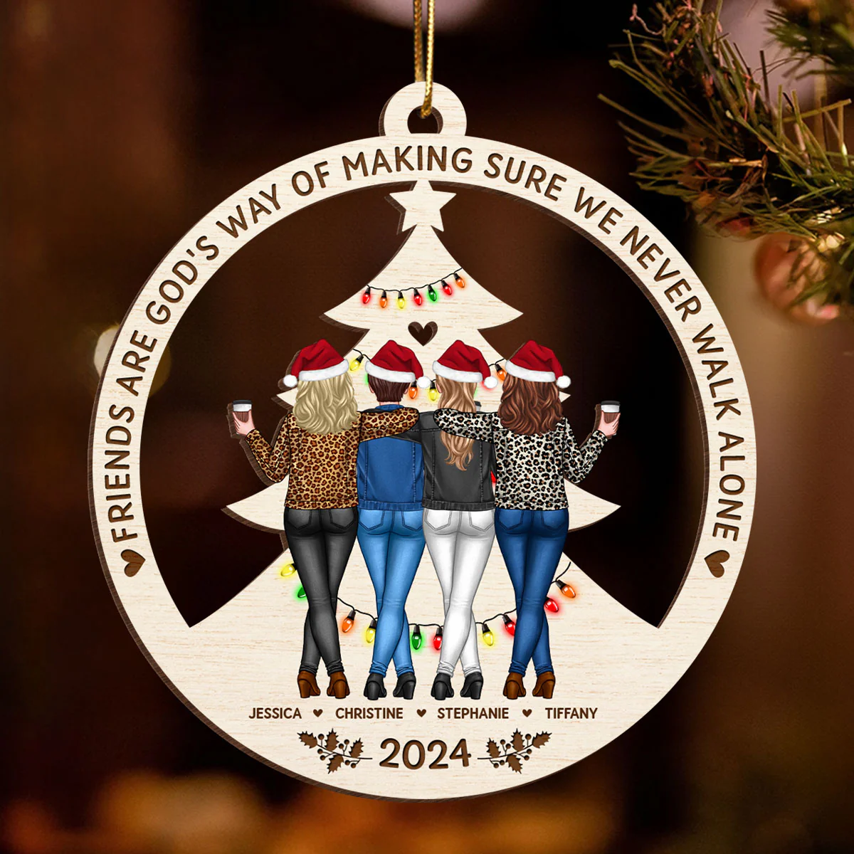 Standing Besties Sisters Back View Never Walk Alone Personalized Wooden Ornament - Image 2