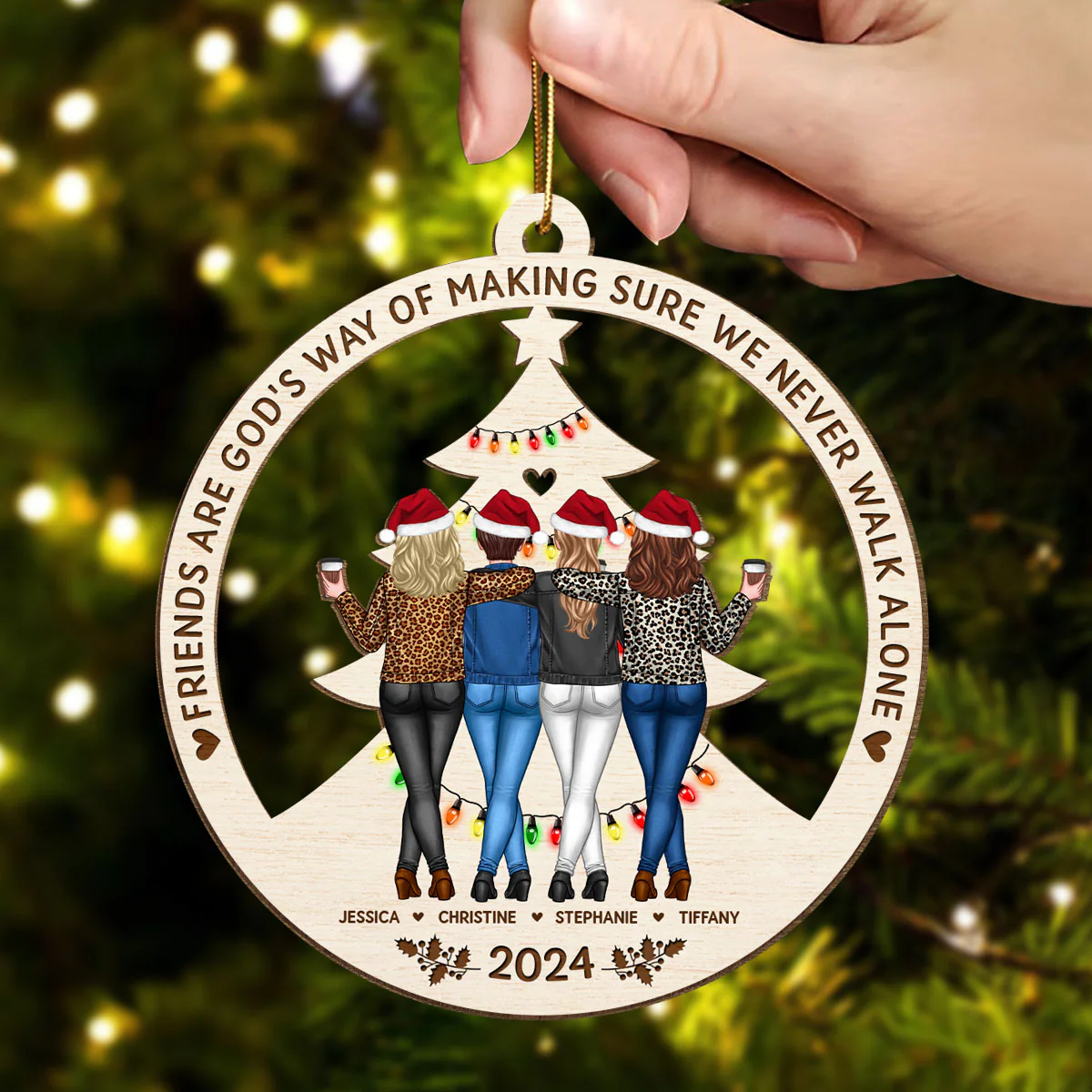 Standing Besties Sisters Back View Never Walk Alone Personalized Wooden Ornament - Image 4
