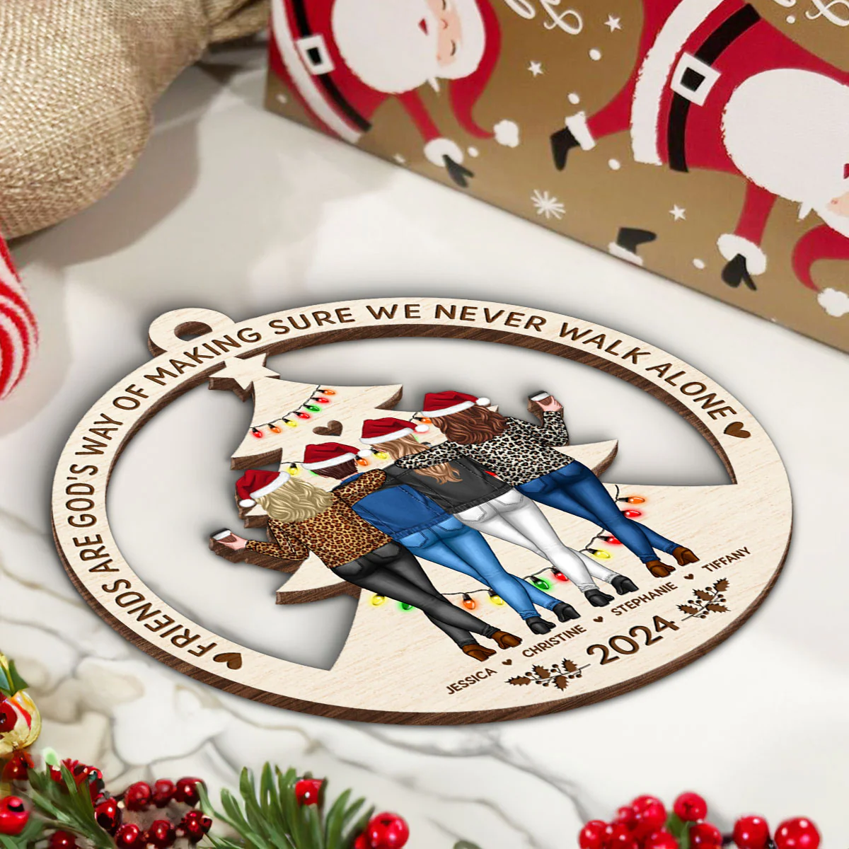 Standing Besties Sisters Back View Never Walk Alone Personalized Wooden Ornament - Image 6