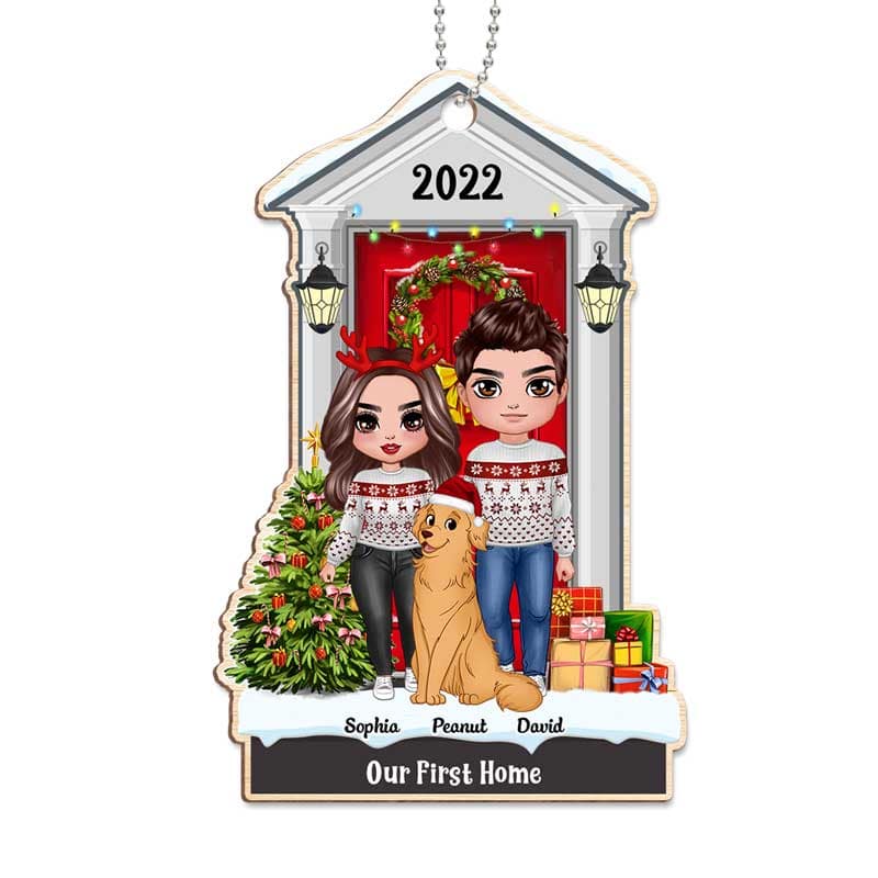 Standing Christmas Couple With Dog Personalized Wooden Ornament
