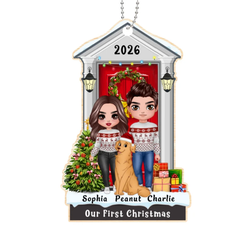 Standing Christmas Couple With Dog Personalized Wooden Ornament - Image 4