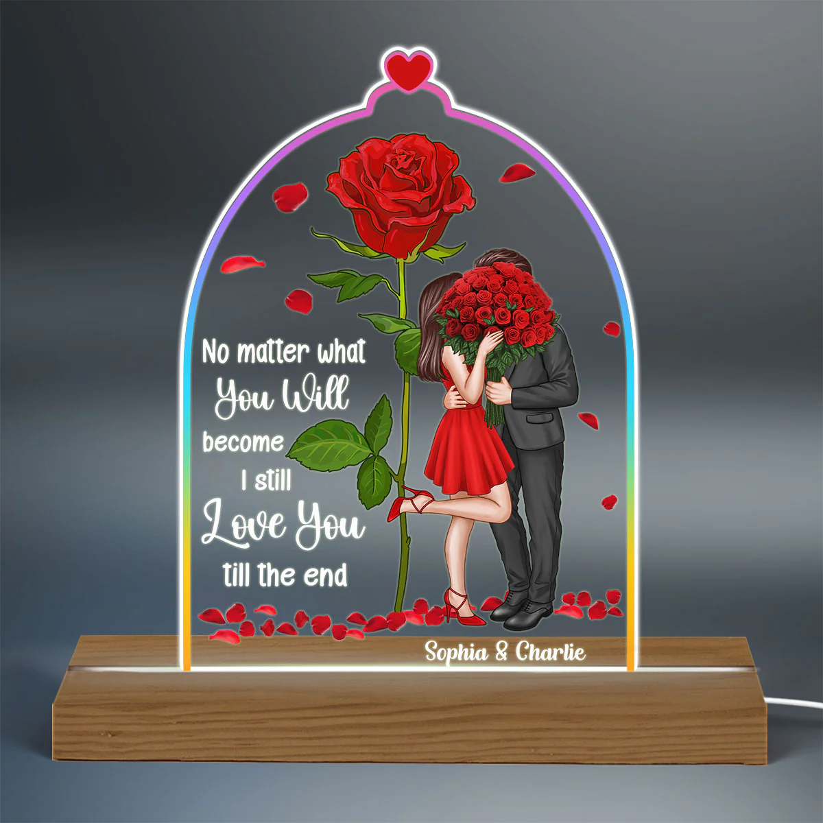 Standing Couple Kissing Rose Personalized Dome Shaped Acrylic LED Night Light - Image 3