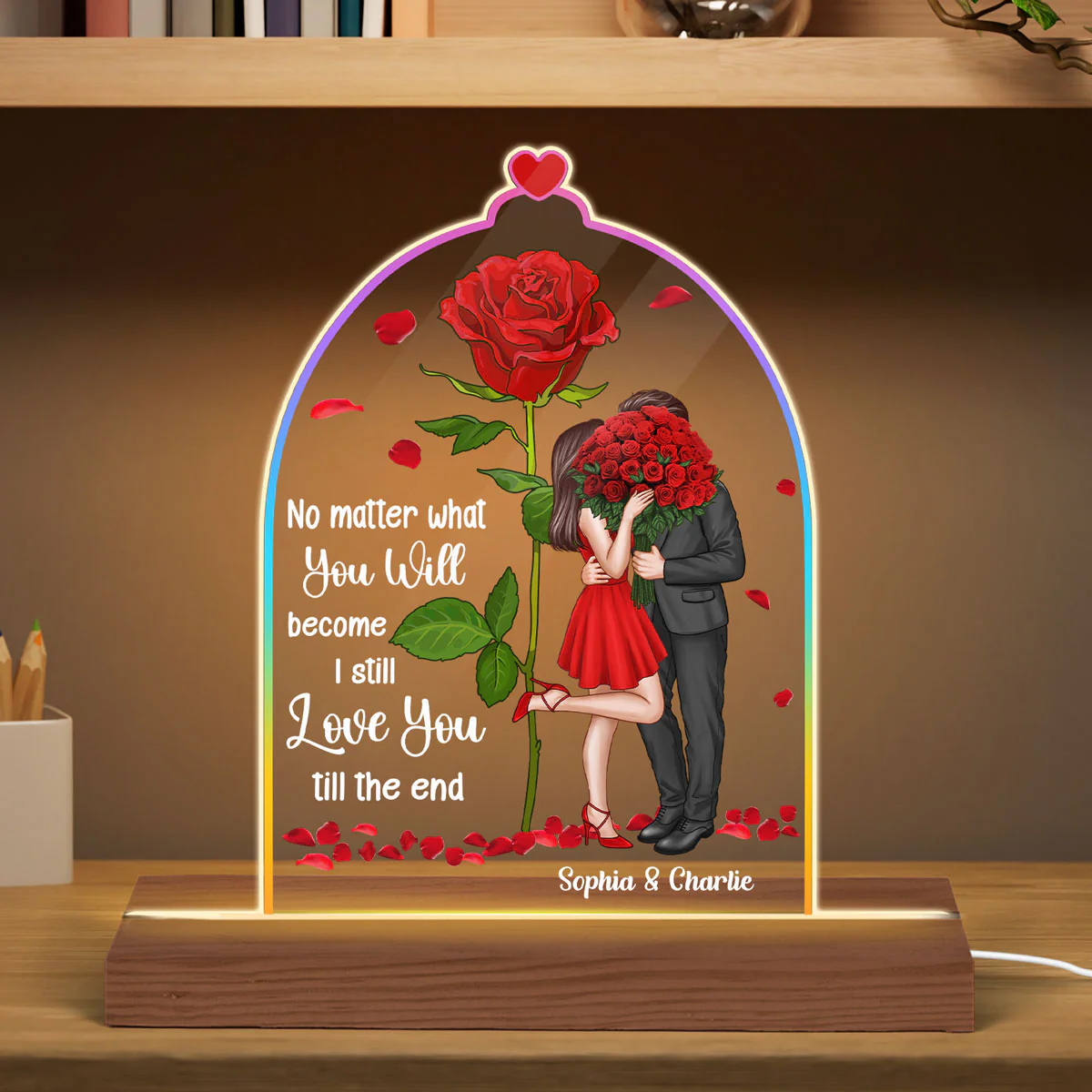 Standing Couple Kissing Rose Personalized Dome Shaped Acrylic LED Night Light - Image 4