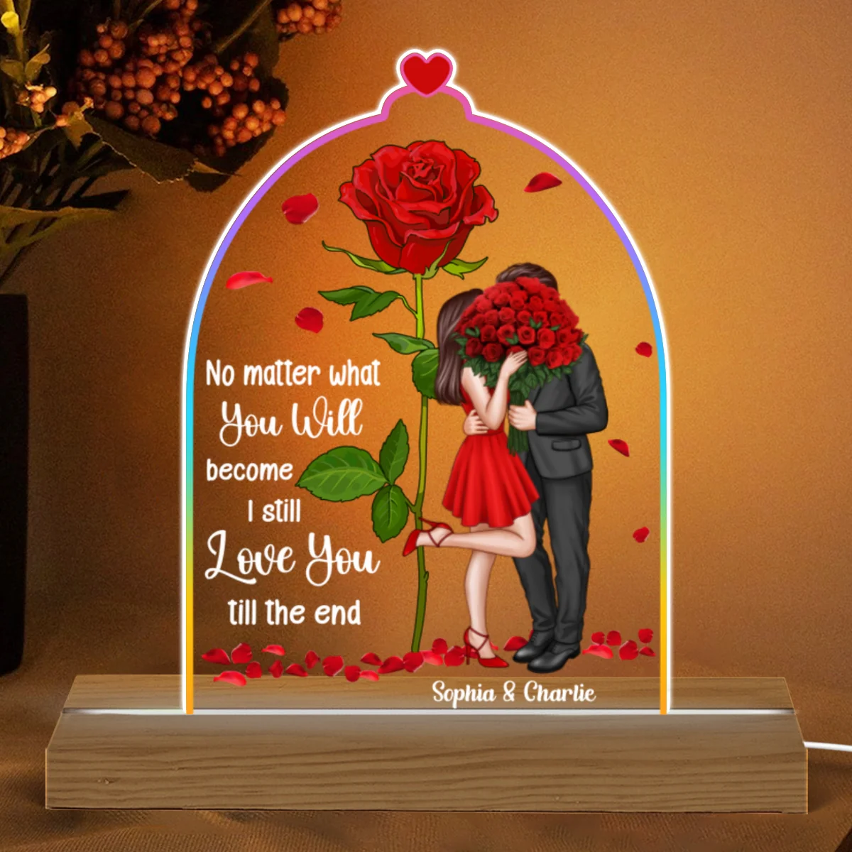Standing Couple Kissing Rose Personalized Dome Shaped Acrylic LED Night Light - Image 6