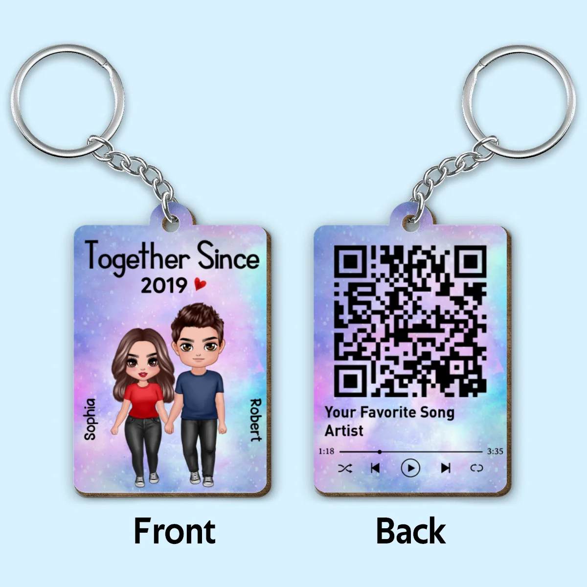 Standing Doll Couple Together Since Favorite Song Scannable QR Code Personalized Wooden Keychain - Image 4