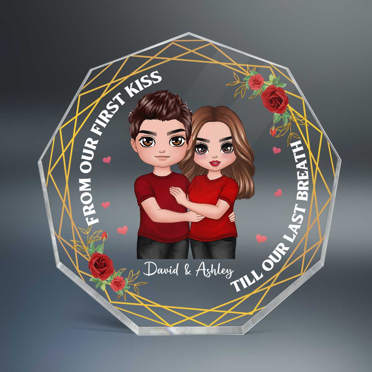 Standing Embracing Doll Couple Flower Personalized Nonagon Acrylic Plaque - Gift For Him Gift For Her - Image 2