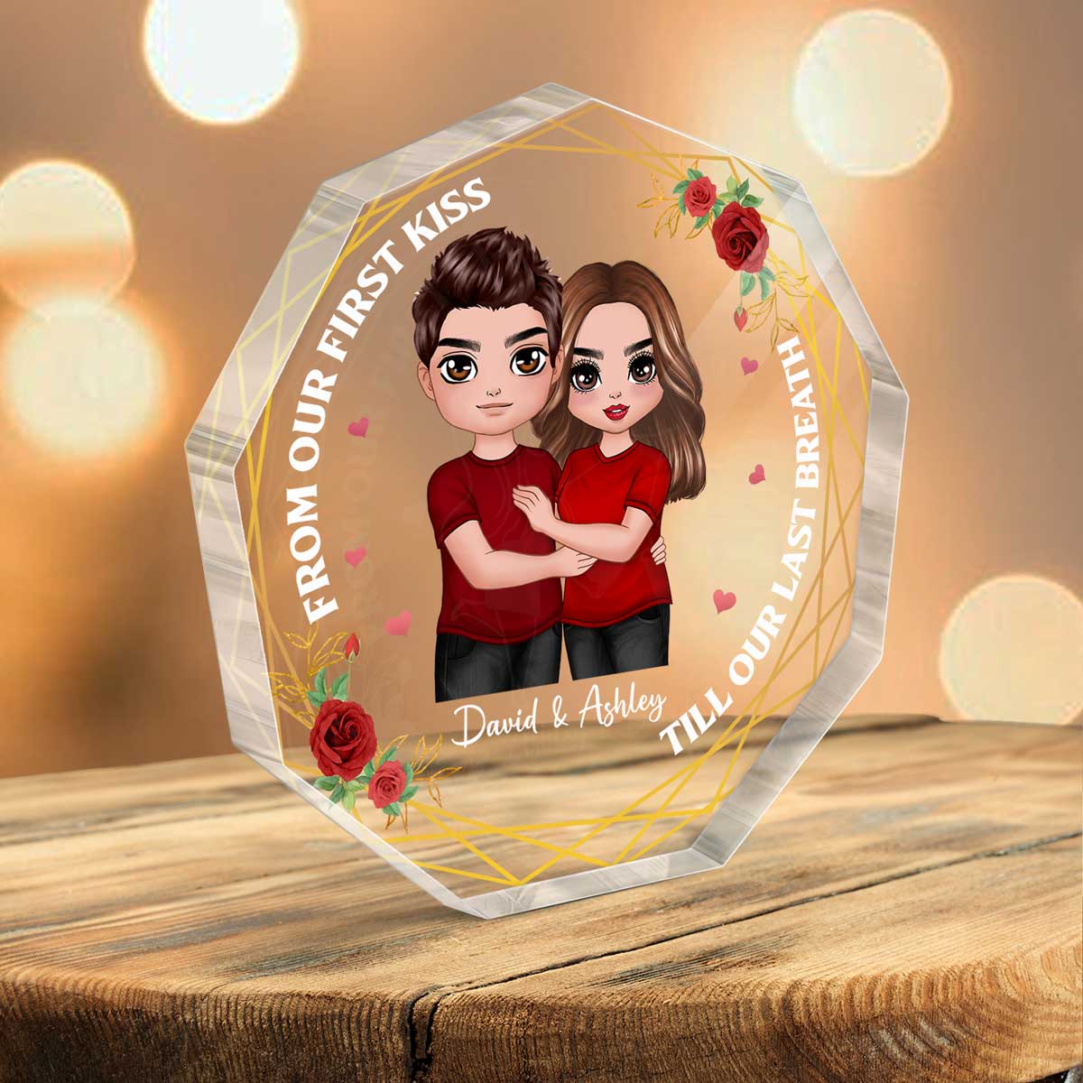 Standing Embracing Doll Couple Flower Personalized Nonagon Acrylic Plaque - Gift For Him Gift For Her - Image 3