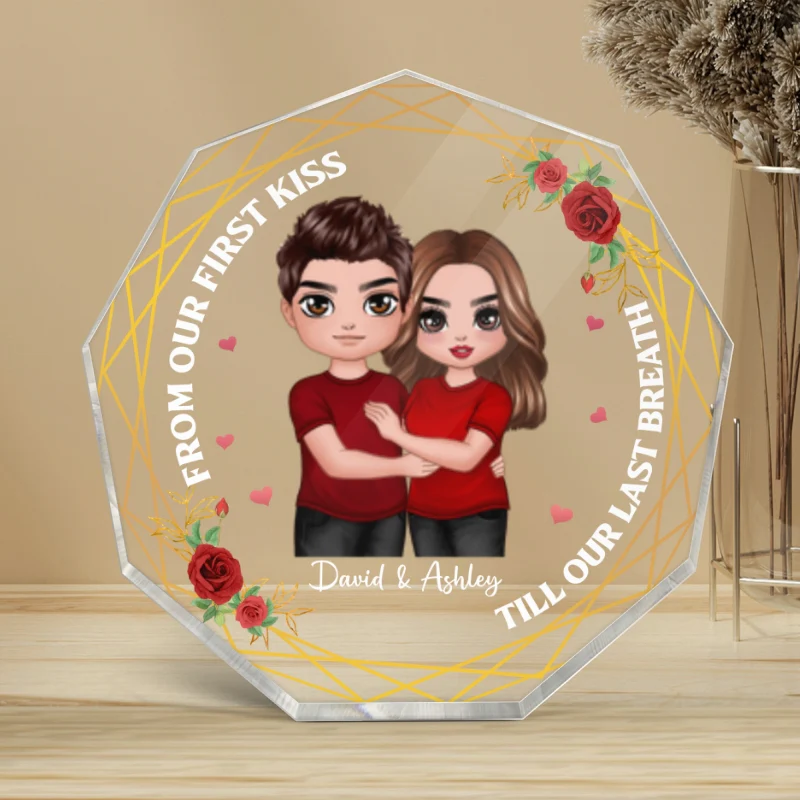 Standing Embracing Doll Couple Flower Personalized Nonagon Acrylic Plaque - Gift For Him Gift For Her - Image 4