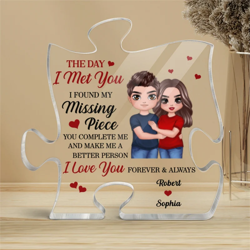 Standing Embracing Doll Couple Found My Missing Piece Anniversary Gift For Him For Her Personalized Puzzle Acrylic Plaque - Image 4