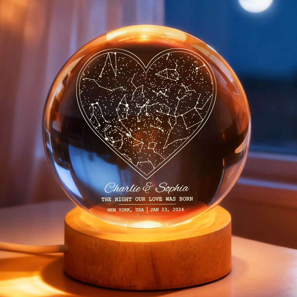 Star Map By Date Couple - Personalized Crystal Ball LED Night Light - Anniversary, Valentine's Day Gift, Gift For Him, Gift For Her - Image 5
