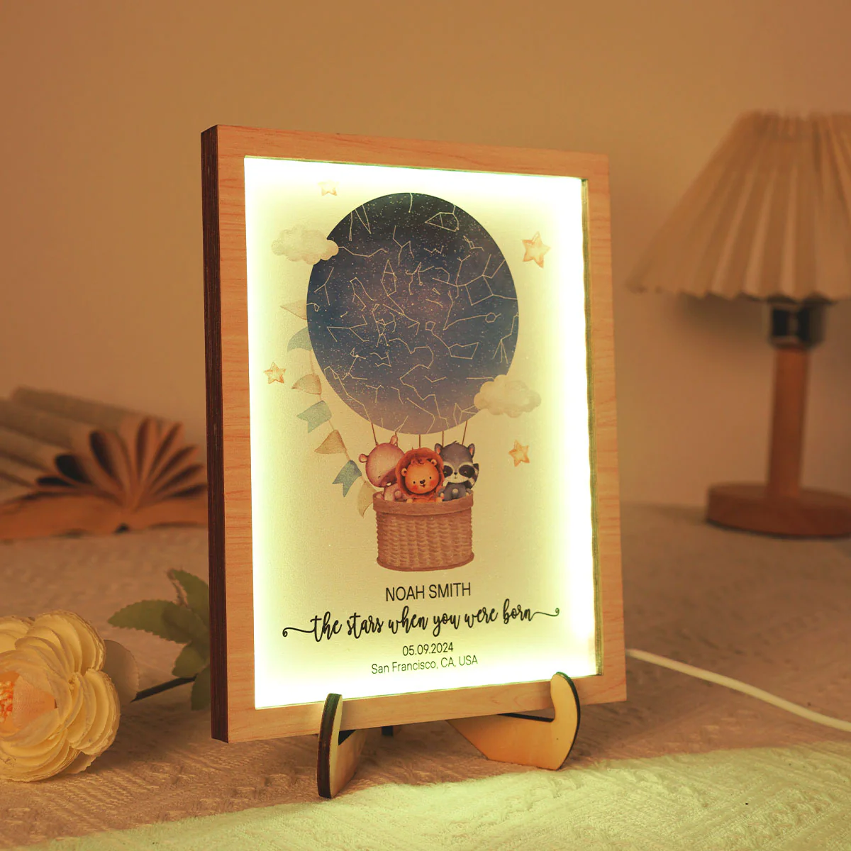 Star Map New Baby Custom 2-Layered Wooden Plaque With LED, Birthday Stars Childs Sky LED, Newborn Parents Gift, Boy Girl Christening Art, Night You Were Born - Image 2