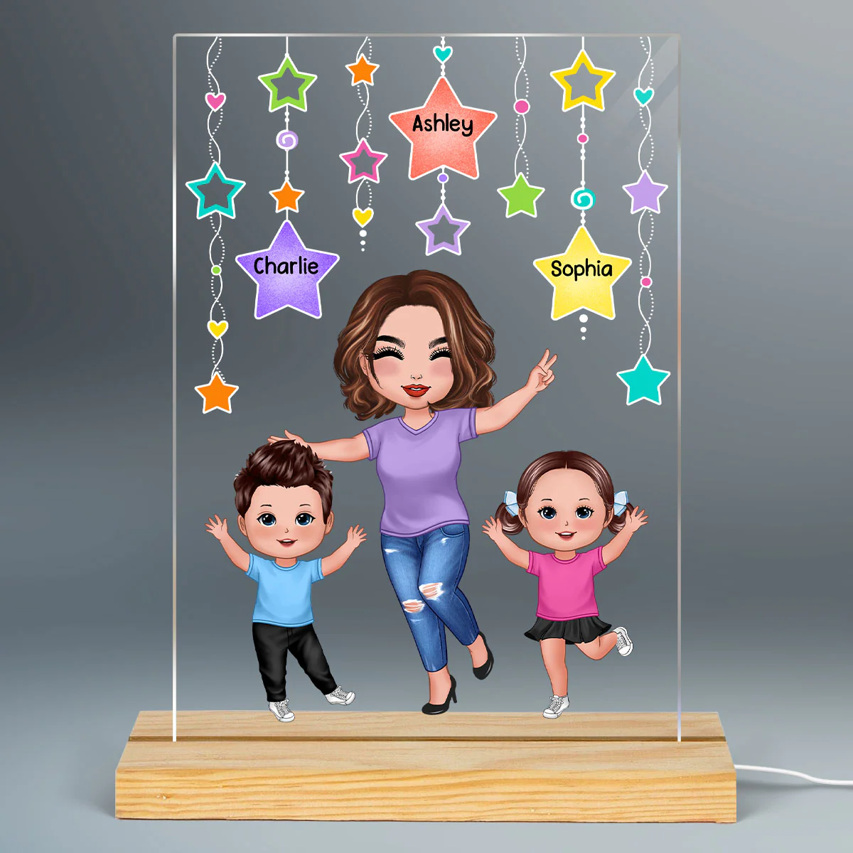 Star Strings Happy Doll Grandma Mom And Kids Personalized Rectangle Acrylic Plaque LED Night Light - Image 2
