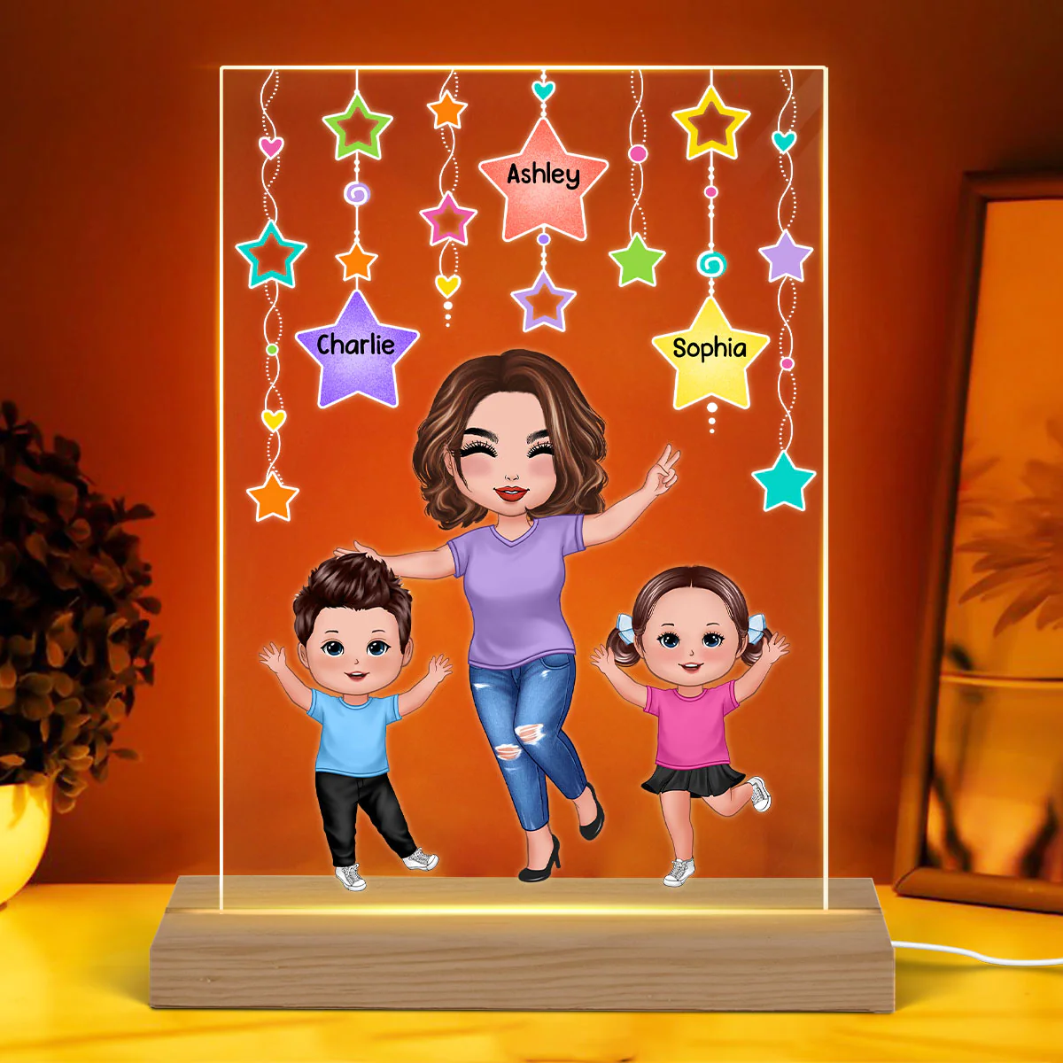 Star Strings Happy Doll Grandma Mom And Kids Personalized Rectangle Acrylic Plaque LED Night Light - Image 3