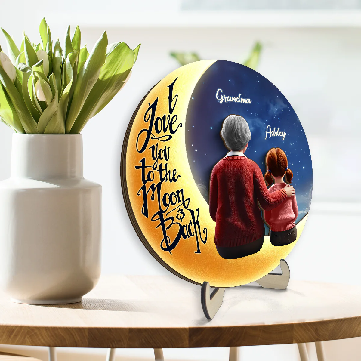Starry Night Grandma & Granddaughter Sitting On Moon 3D Effect Personalized 2-Layered Wooden Plaque, Perfect 2025 Gift For Mom, For Grandma - Image 2