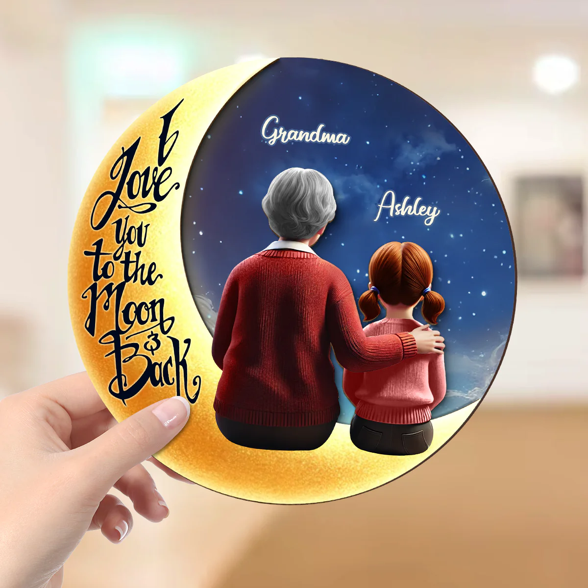 Starry Night Grandma & Granddaughter Sitting On Moon 3D Effect Personalized 2-Layered Wooden Plaque, Perfect 2025 Gift For Mom, For Grandma - Image 3