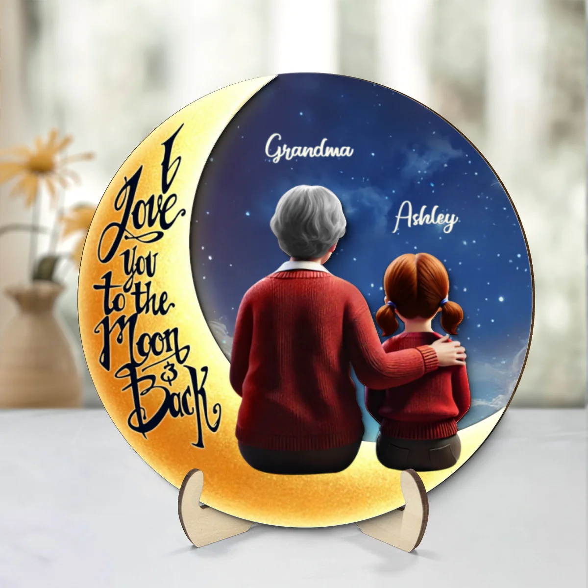 Starry Night Grandma & Granddaughter Sitting On Moon 3D Effect Personalized 2-Layered Wooden Plaque, Perfect 2025 Gift For Mom, For Grandma - Image 7