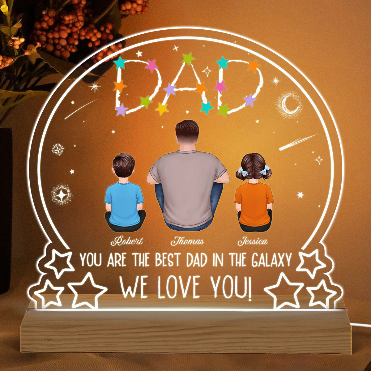 Stars Dad Best Dad In The Galaxy Back View Man Sitting With Kids Dogs Cats Personalized Custom Shape Acrylic Plaque Warm LED Night Light - Image 2