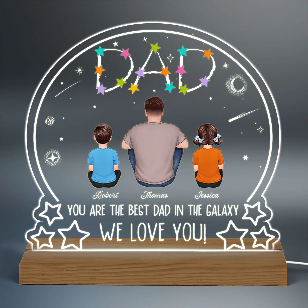 Stars Dad Best Dad In The Galaxy Back View Man Sitting With Kids Dogs Cats Personalized Custom Shape Acrylic Plaque Warm LED Night Light - Image 3