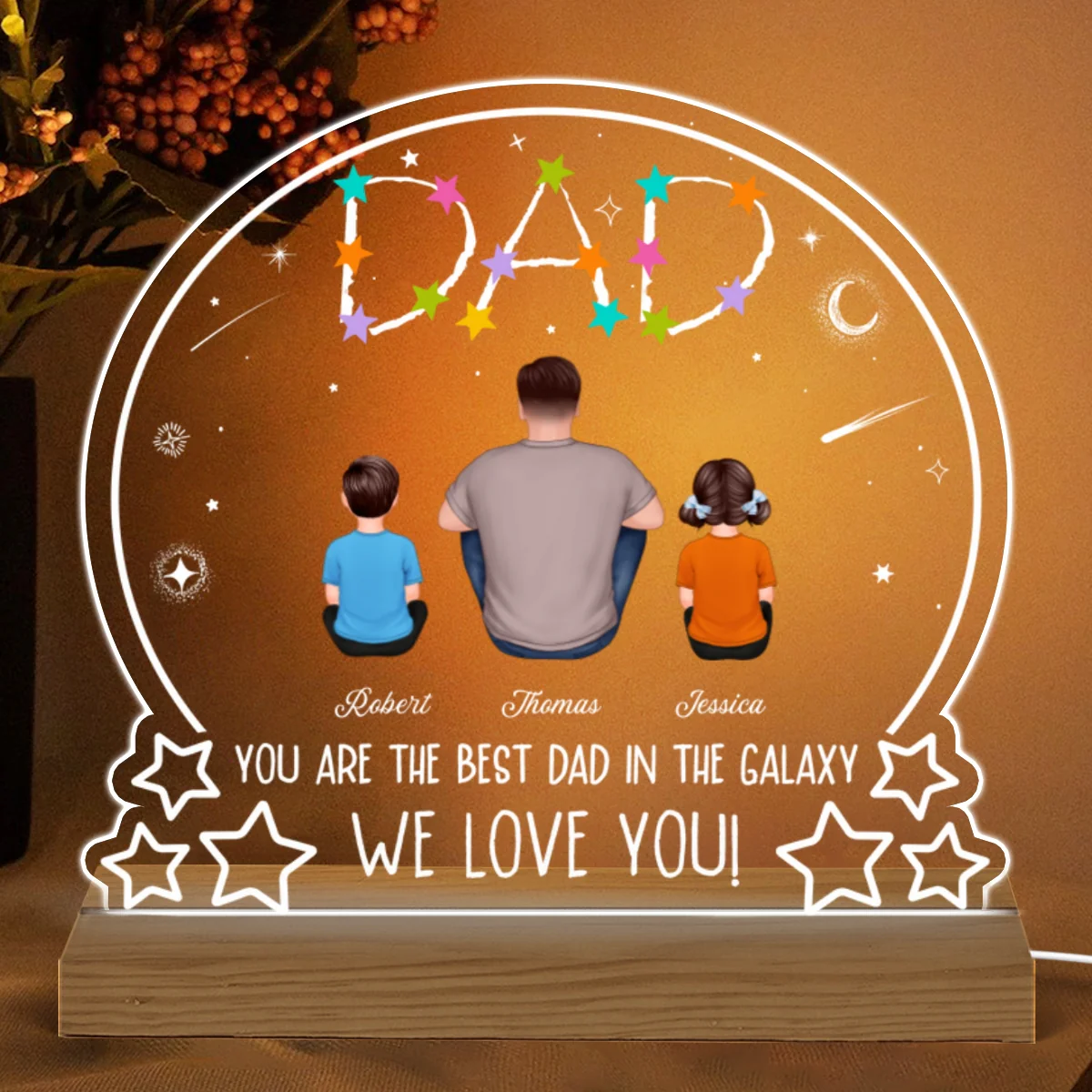 Stars Dad Best Dad In The Galaxy Back View Man Sitting With Kids Dogs Cats Personalized Custom Shape Acrylic Plaque Warm LED Night Light - Image 4