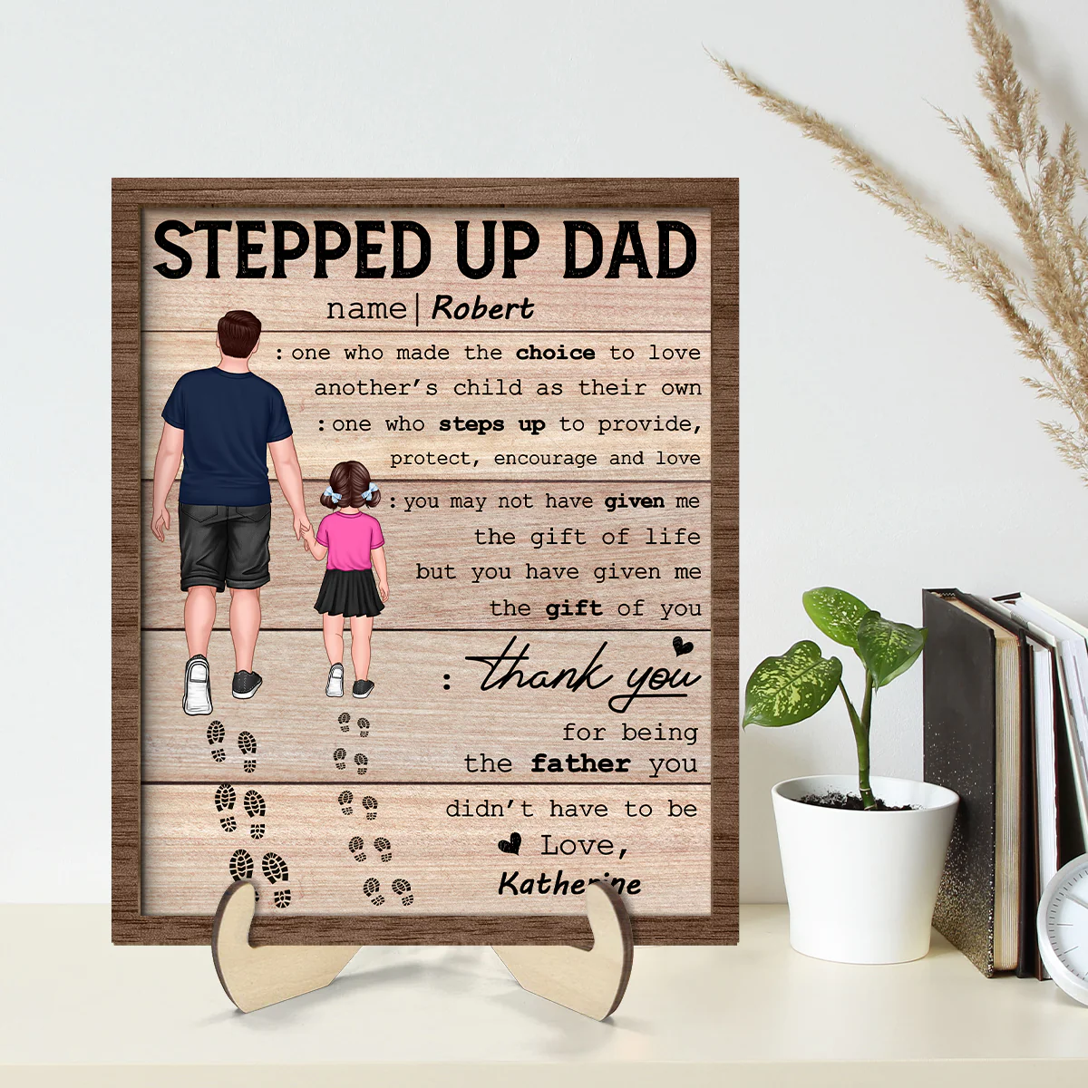 Stepped Up Dad Happy  Gift Personalized 2-Layer Wooden Plaque - Image 2