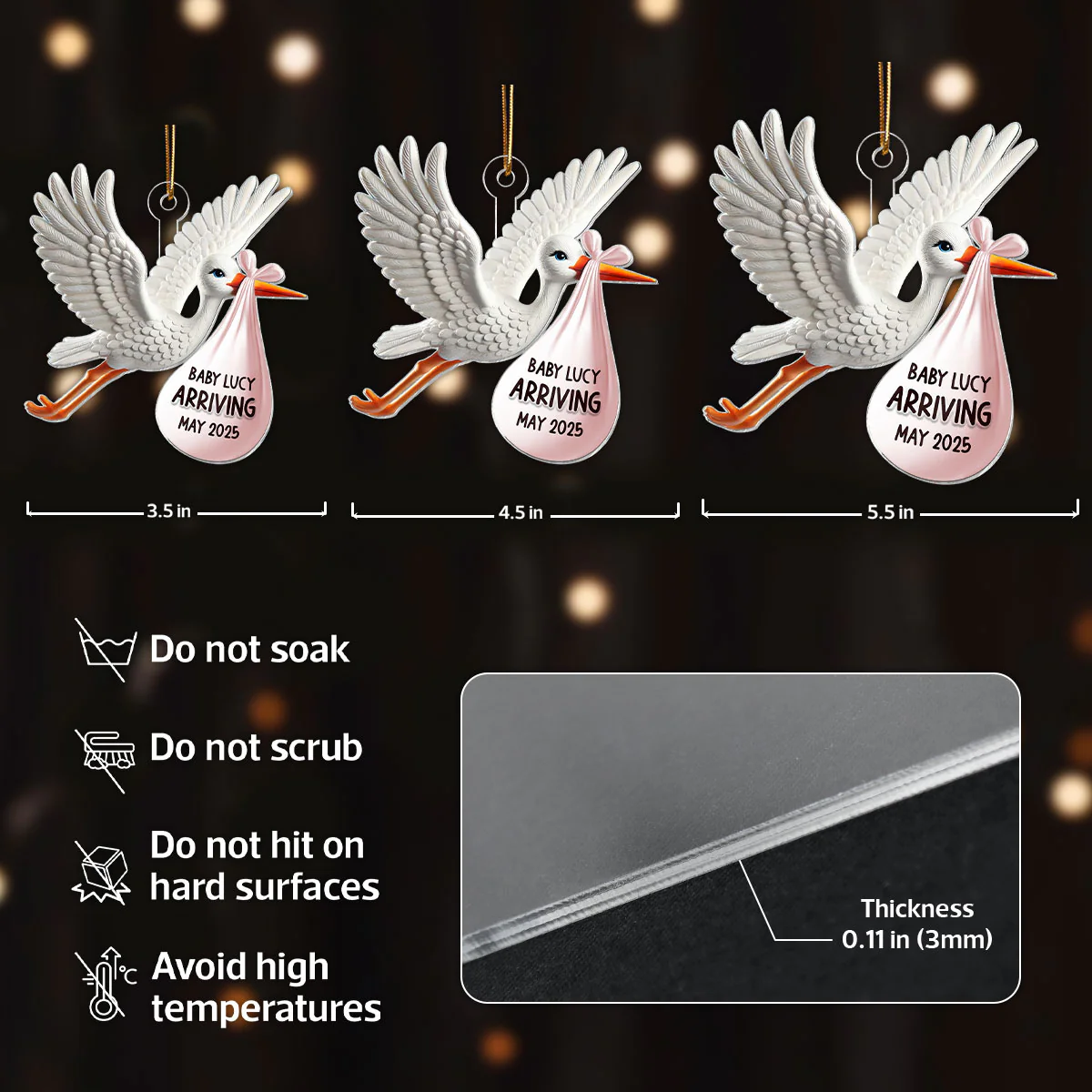 Stork Carrying Baby Bundle New Baby Arriving 3D Effect Personalized Acrylic Flat Ornament - Image 7