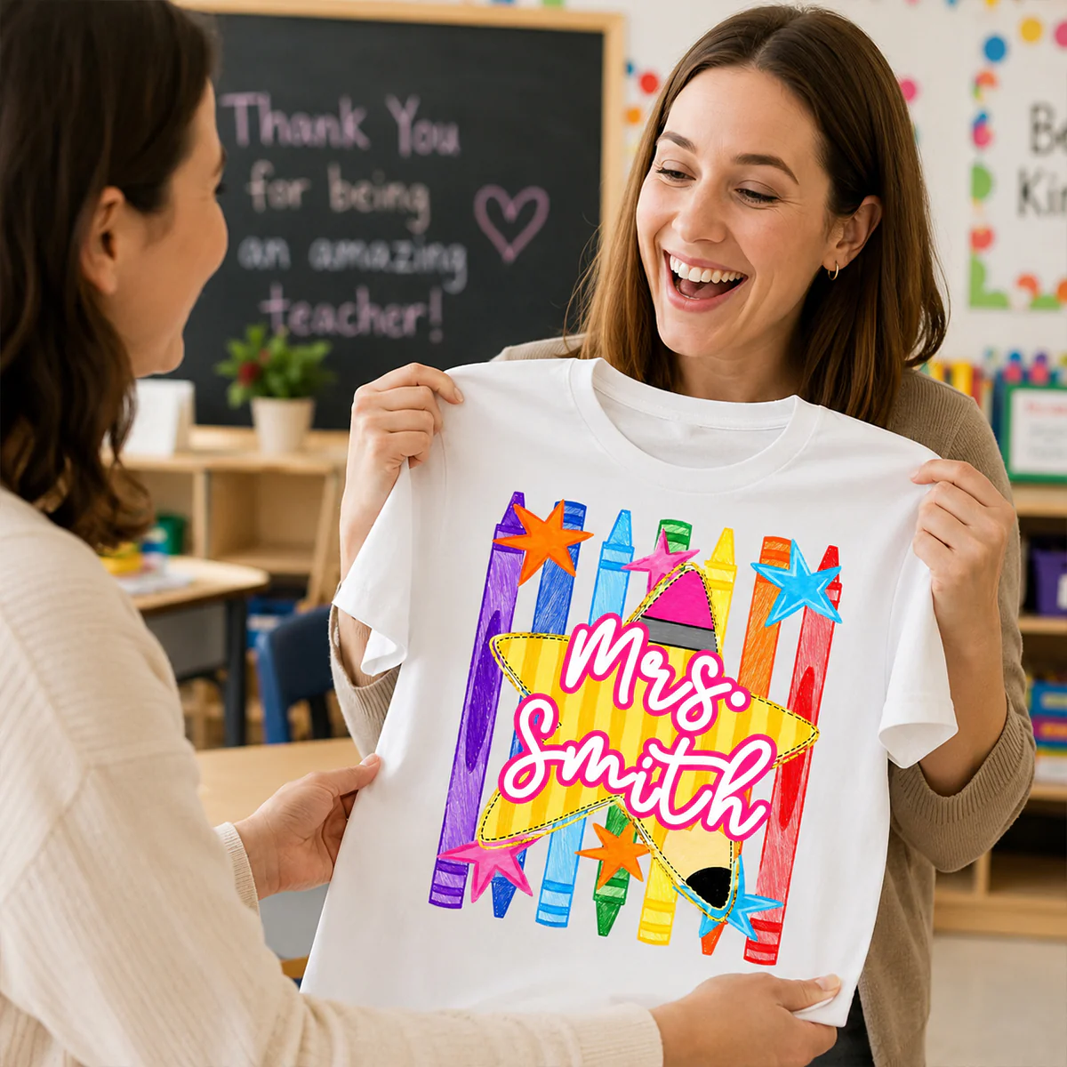 Striped Custom Teacher Name Pencil Crayons - Personalized Shirt - Back To School Gift for Teachers - Image 3