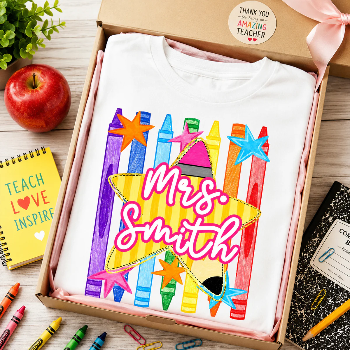 Striped Custom Teacher Name Pencil Crayons - Personalized Shirt - Back To School Gift for Teachers - Image 4
