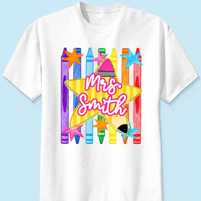 Striped Custom Teacher Name Pencil Crayons - Personalized Shirt - Back To School Gift for Teachers - Image 9