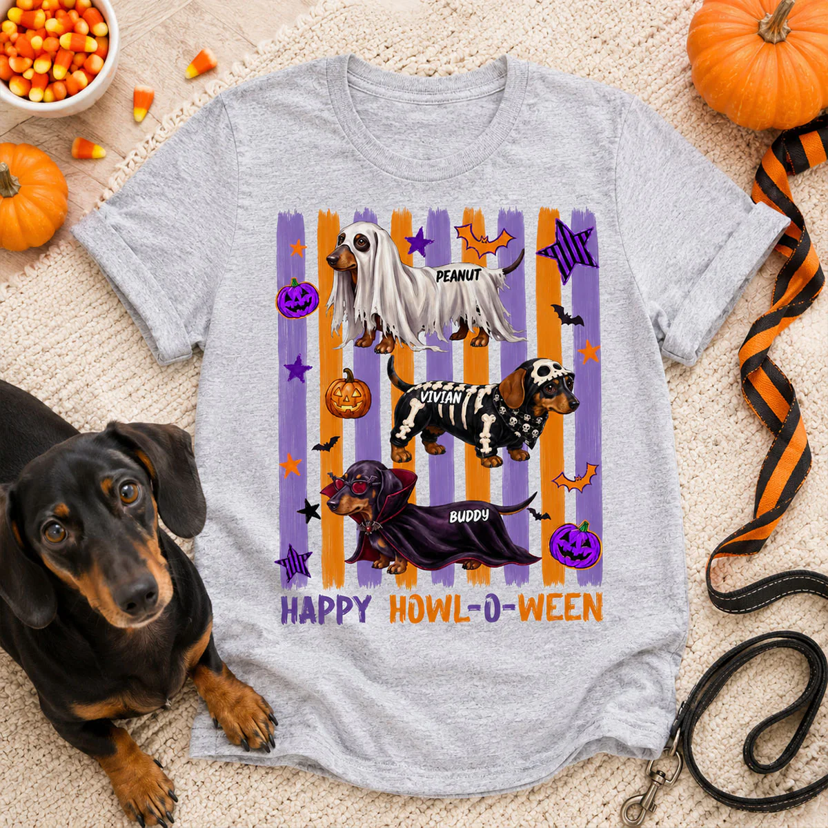 Striped Halloween Dachshund Ghost - Personalized Shirt - Halloween Gift For Dog Lovers - Image 3