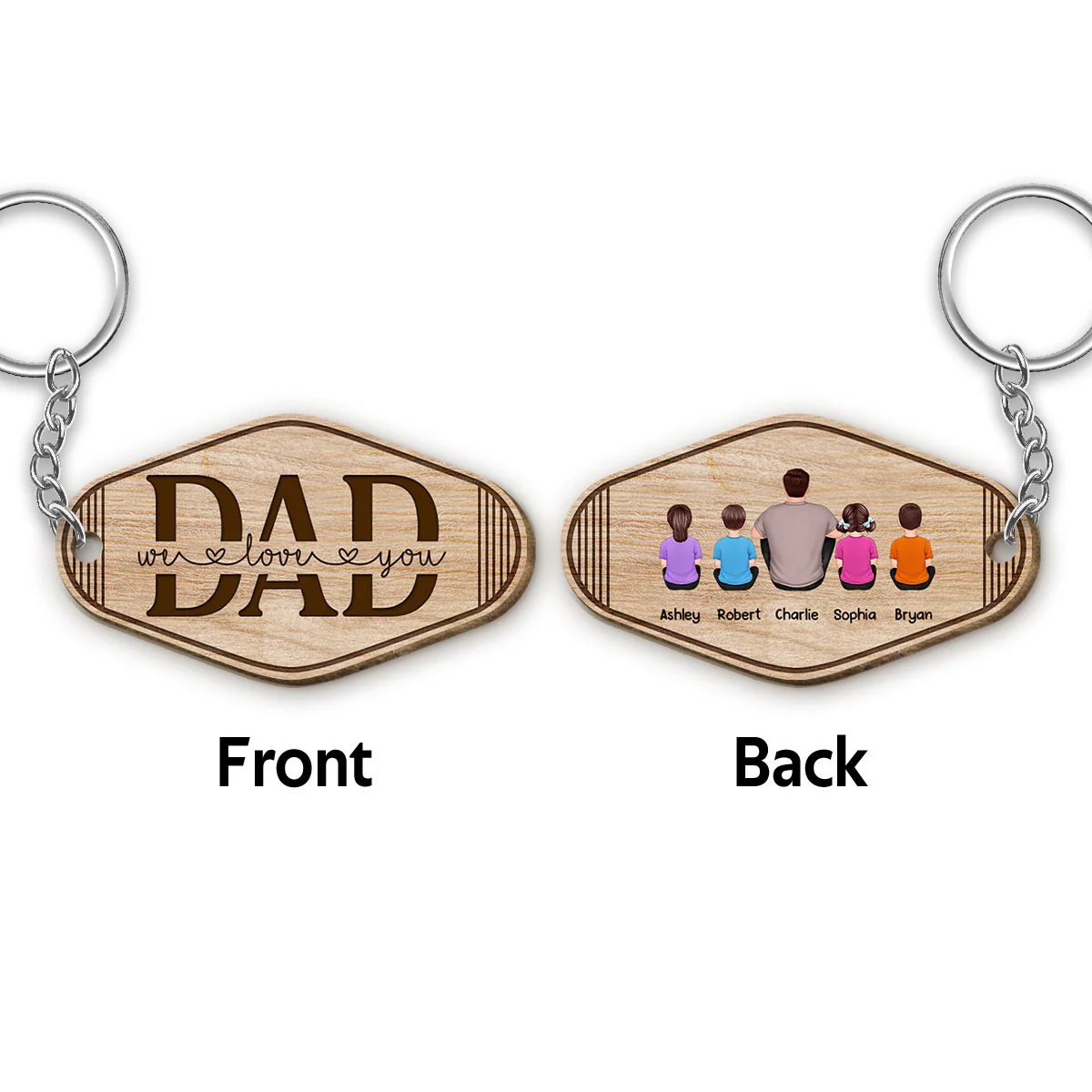 Stripes Best Dad Ever Back View Man Kids Dog Cat Father‘s Day Gift Personalized Wooden Keychain