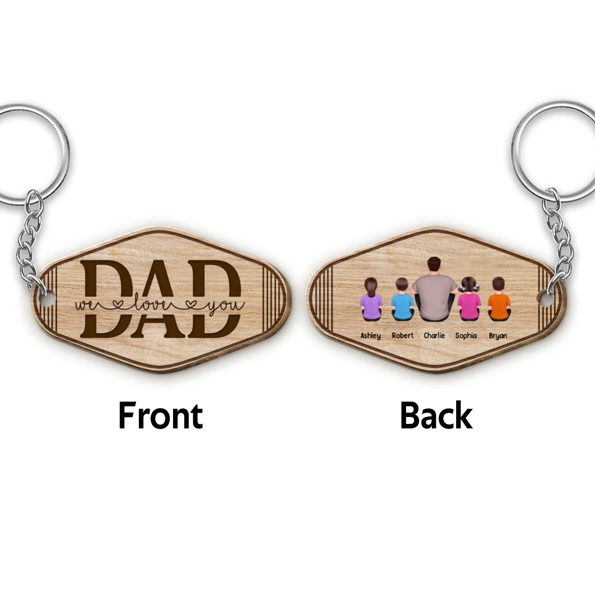 Stripes Best Dad Ever Back View Man Kids Dog Cat Father‘s Day Gift Personalized Wooden Keychain - Image 4