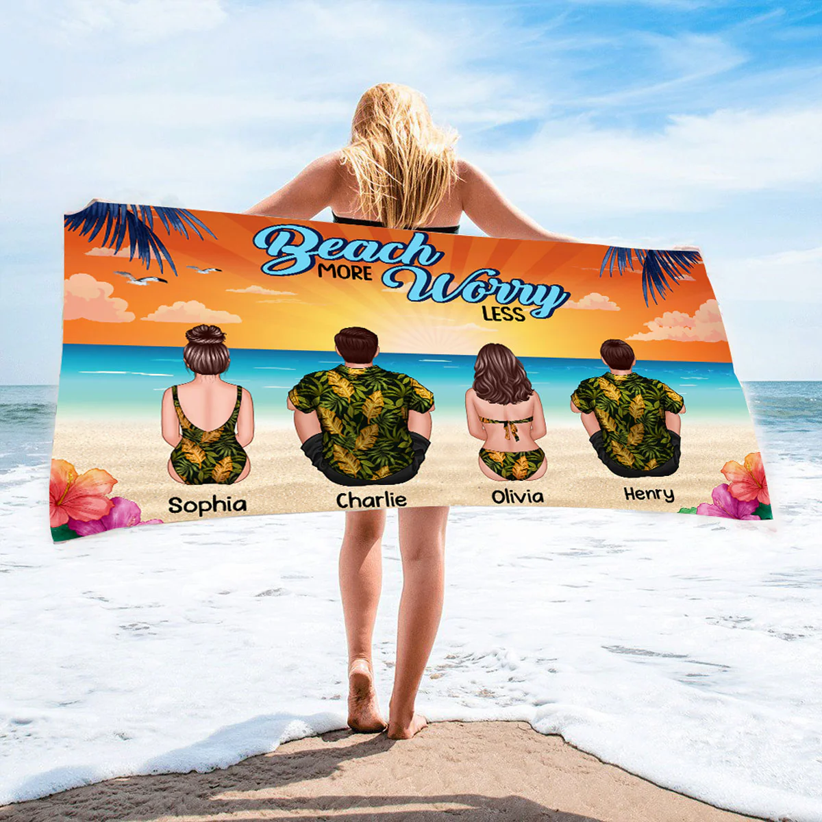 Summer Back View Family Couple Kids Dog Cat Sitting Personalized Beach Towel - Image 2