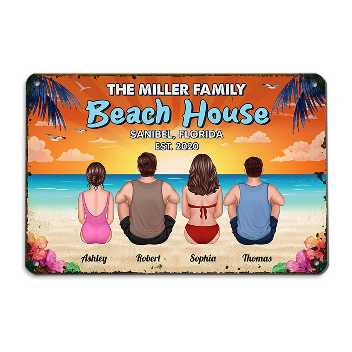 Summer Beach House Back View Family Couple Kid Dog Cat Personalized Metal Sign
