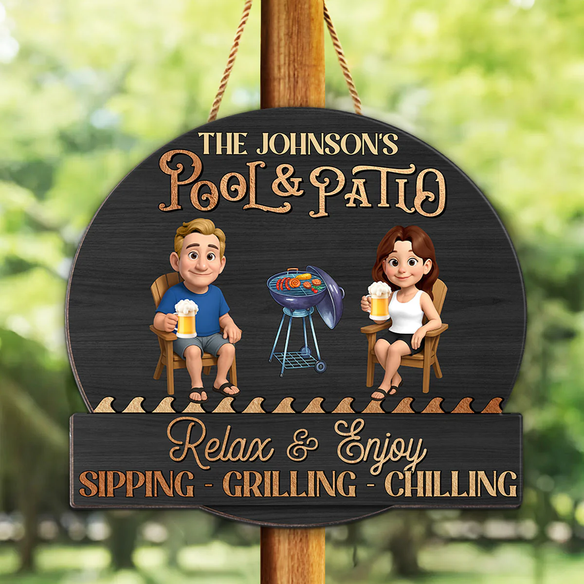 Summer Couple Pool & Patio Sipping Chilling - Personalized Custom Shaped Wood Sign - Image 4