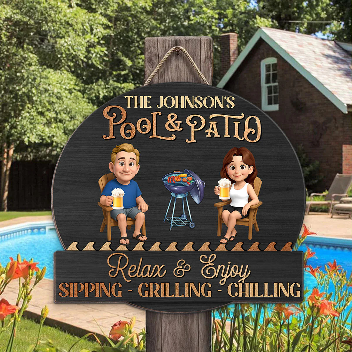 Summer Couple Pool & Patio Sipping Chilling - Personalized Custom Shaped Wood Sign - Image 5