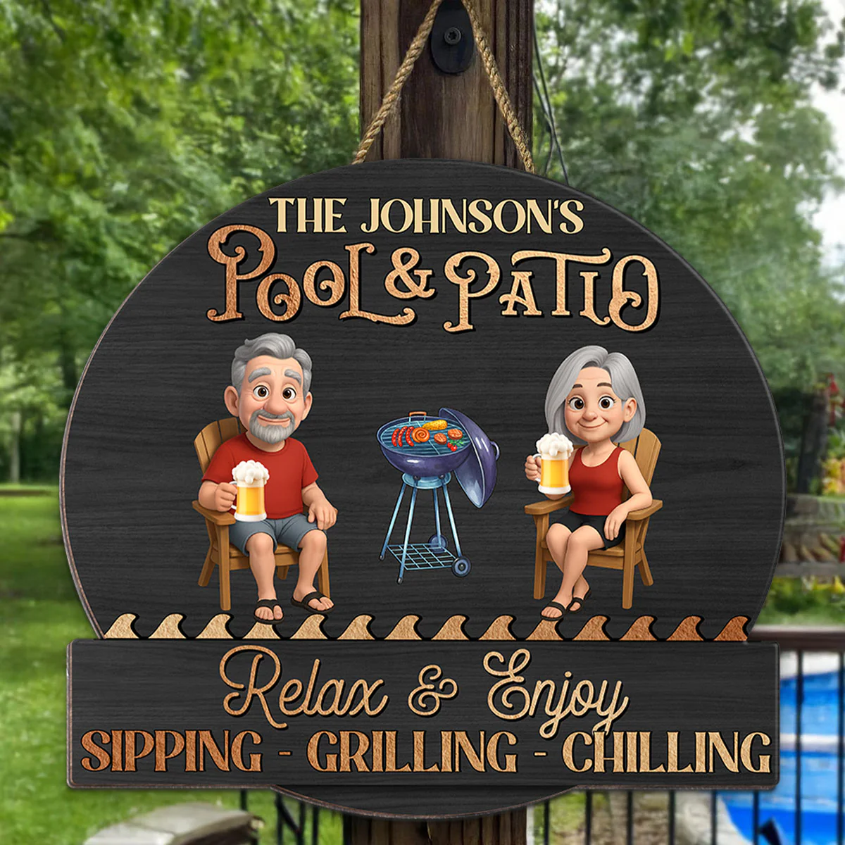 Summer Couple Pool & Patio Sipping Chilling - Personalized Custom Shaped Wood Sign - Image 6