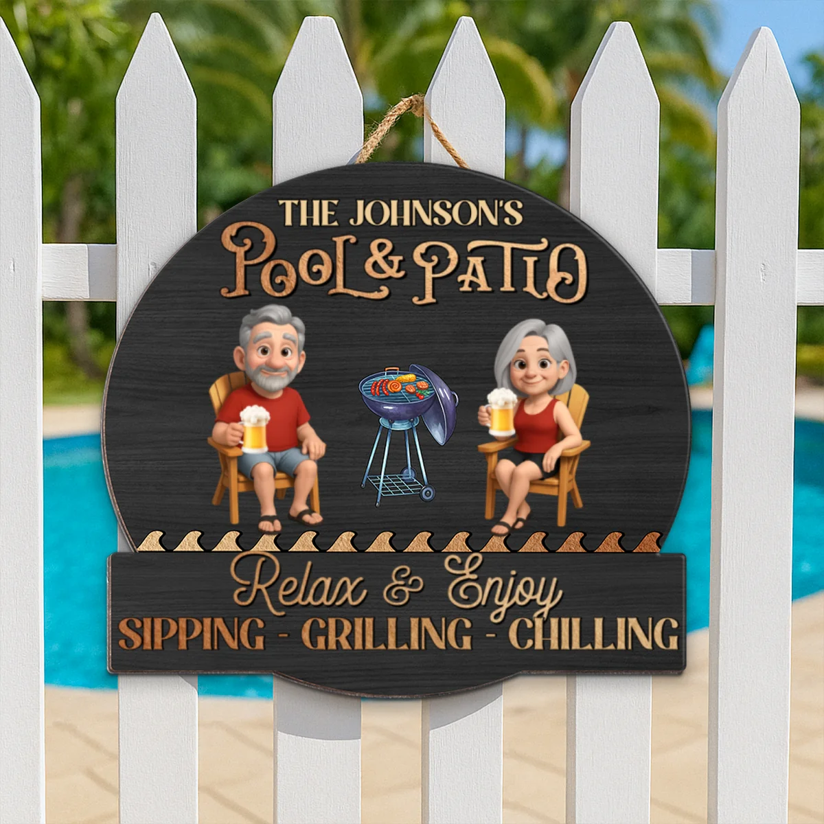 Summer Couple Pool & Patio Sipping Chilling - Personalized Custom Shaped Wood Sign - Image 9
