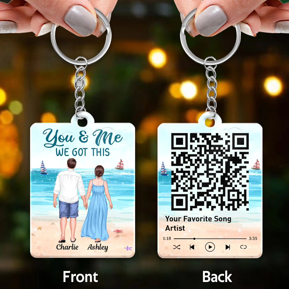 Summer Couple Standing Back View Favorite Song Scannable QR Code Personalized Acrylic Keychain - Image 3
